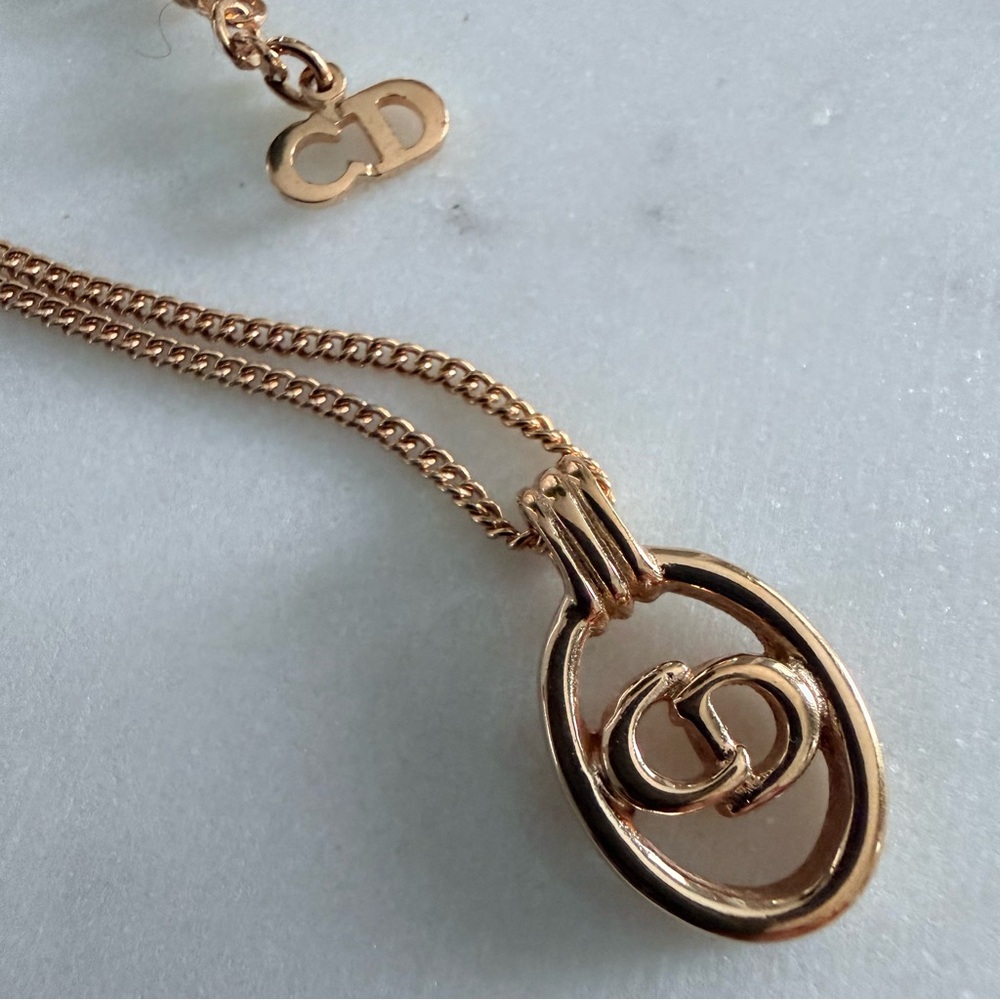 DIOR CD Logo Oval Pendant Necklace Goldtone